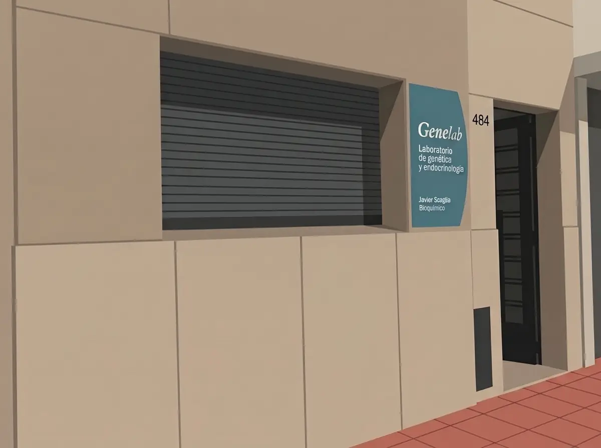 El frente del laboratorio sobre calle 54: la persiana del local, el cartel con el nombre y el número 484 junto a la puerta de entrada.