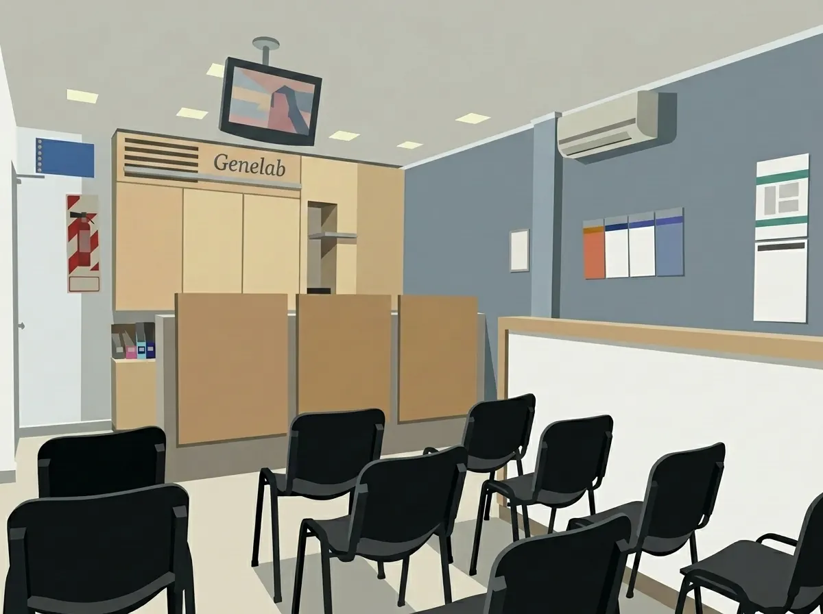La sala de espera del laboratorio, con las sillas frente al mostrador de recepción.